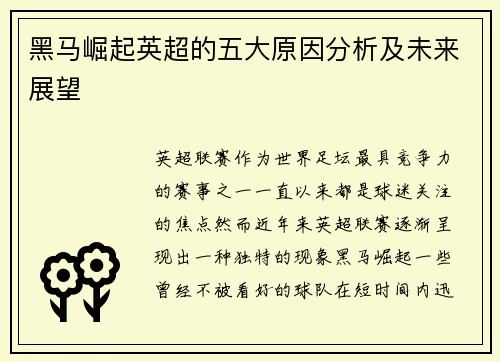 黑马崛起英超的五大原因分析及未来展望 黑马崛起英超的五大原因分析及未来展望