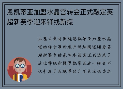 恩凯蒂亚加盟水晶宫转会正式敲定英超新赛季迎来锋线新援